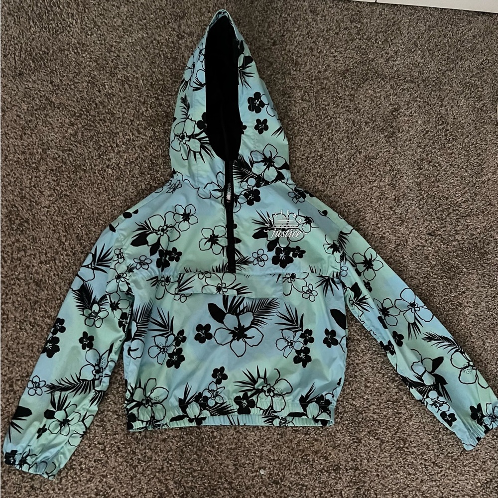 Justice Teal Floral Rain Hoodie Size 10 Girls